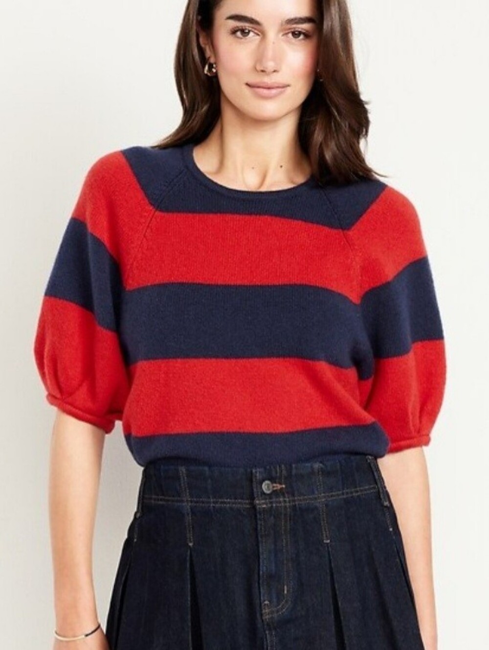 Old Navy Rugby Stripe Sweater Short Puff Sleeve Navy Blue Red Medium NEW NWT